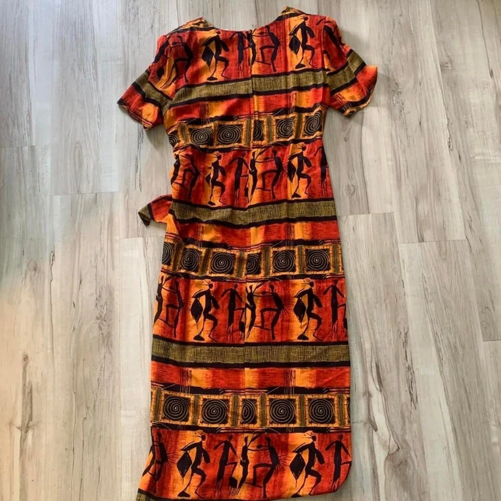Vintage 1990s African tribal print maxi dress with tie waist, sholder pads sz 12